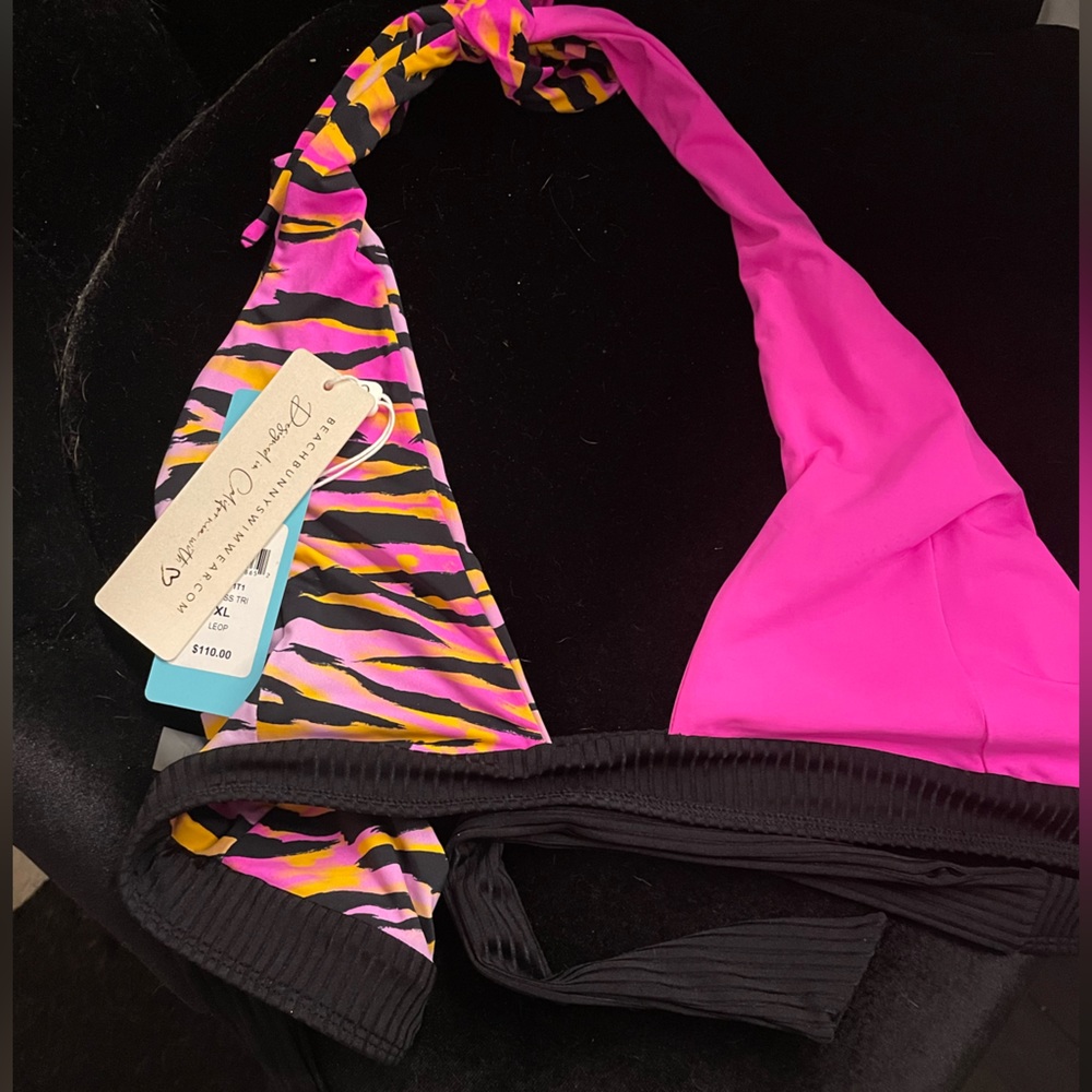 BEACH BUNNY hot pink animal print cross over halter bikini top *New* - Picture 5 of 5